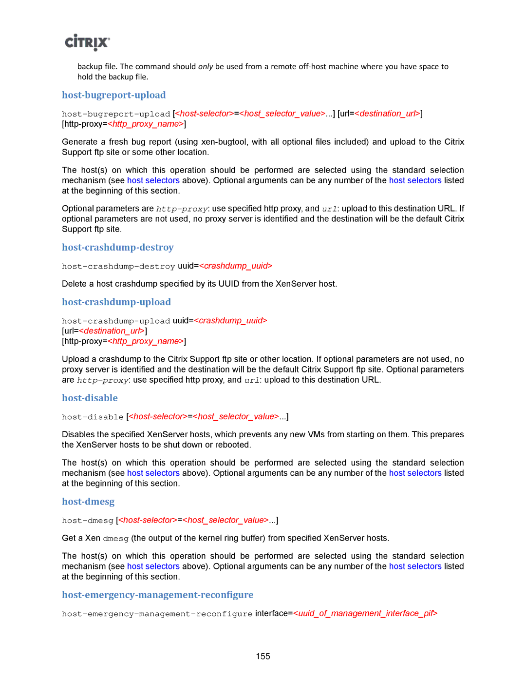 Citrix Systems 5.6 manual Host-bugreport-upload, Host-crashdump-destroy, Host-crashdump-upload, Host-disable, Host-dmesg 
