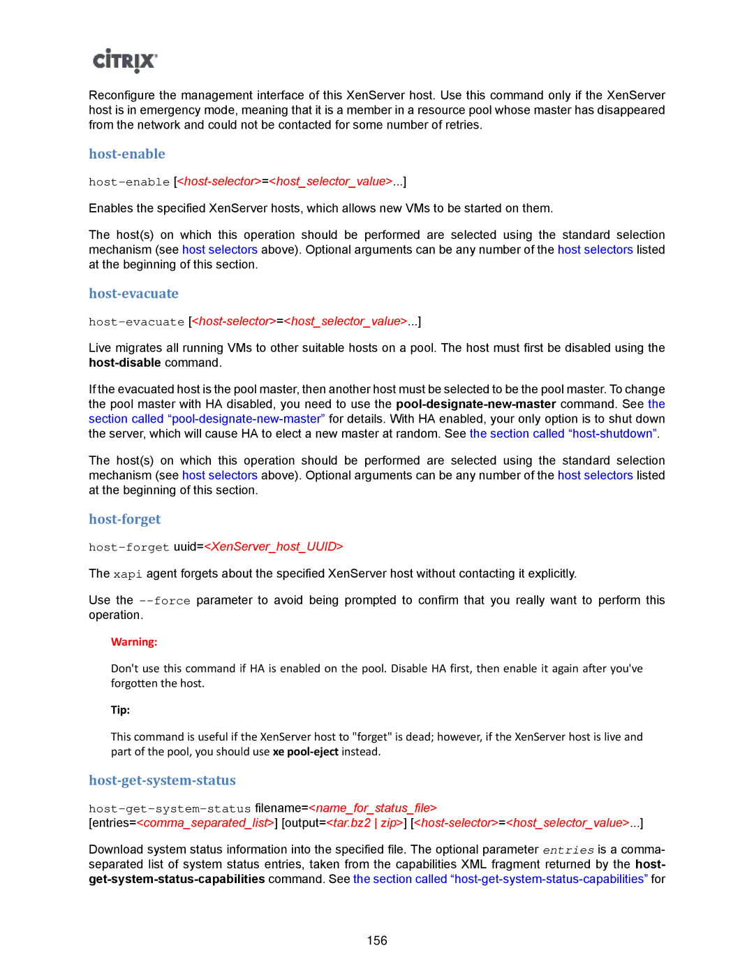 Citrix Systems 5.6 manual Host-enable, Host-evacuate, Host-forget, Host-get-system-status 