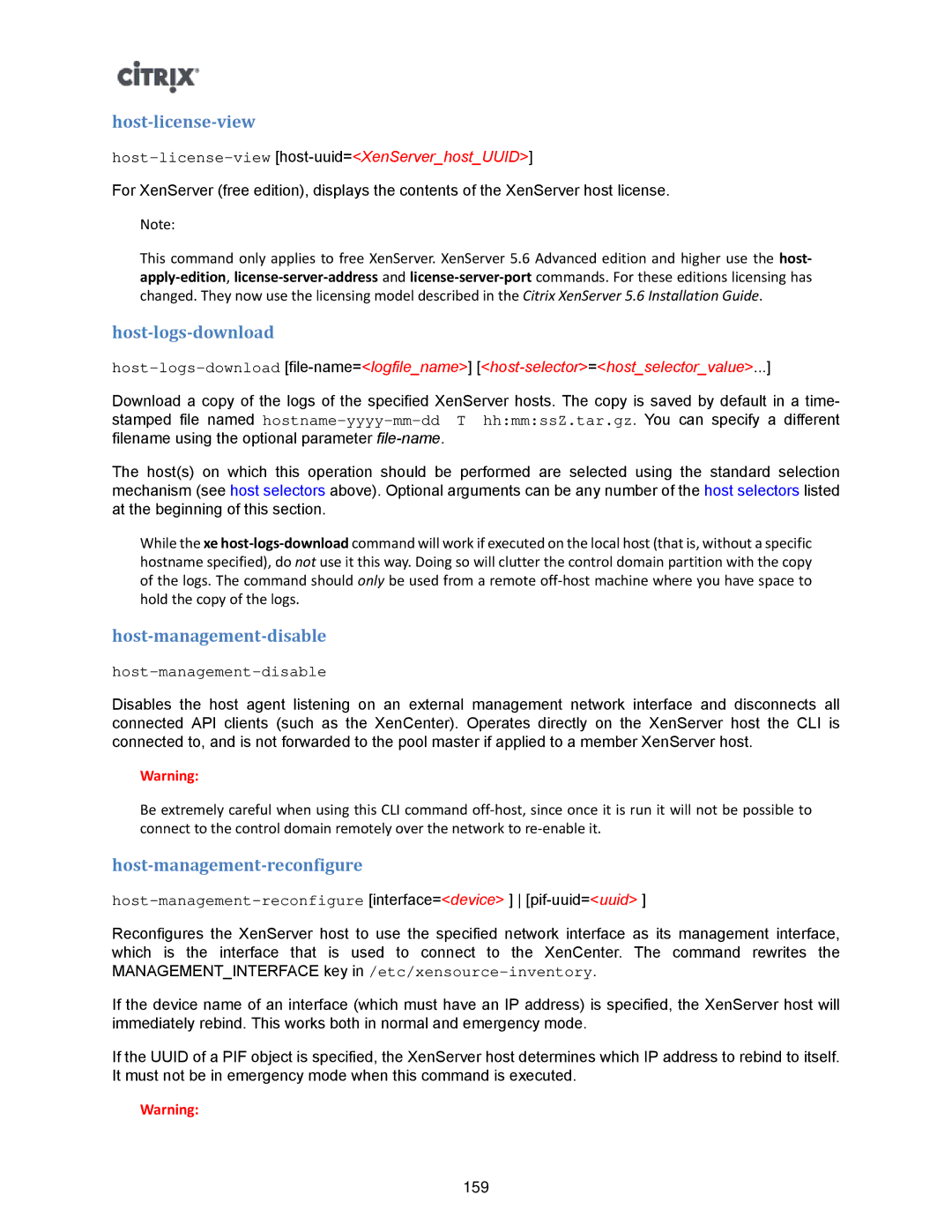 Citrix Systems 5.6 manual Host-license-view, Host-logs-download, Host-management-disable, Host-management-reconfigure 