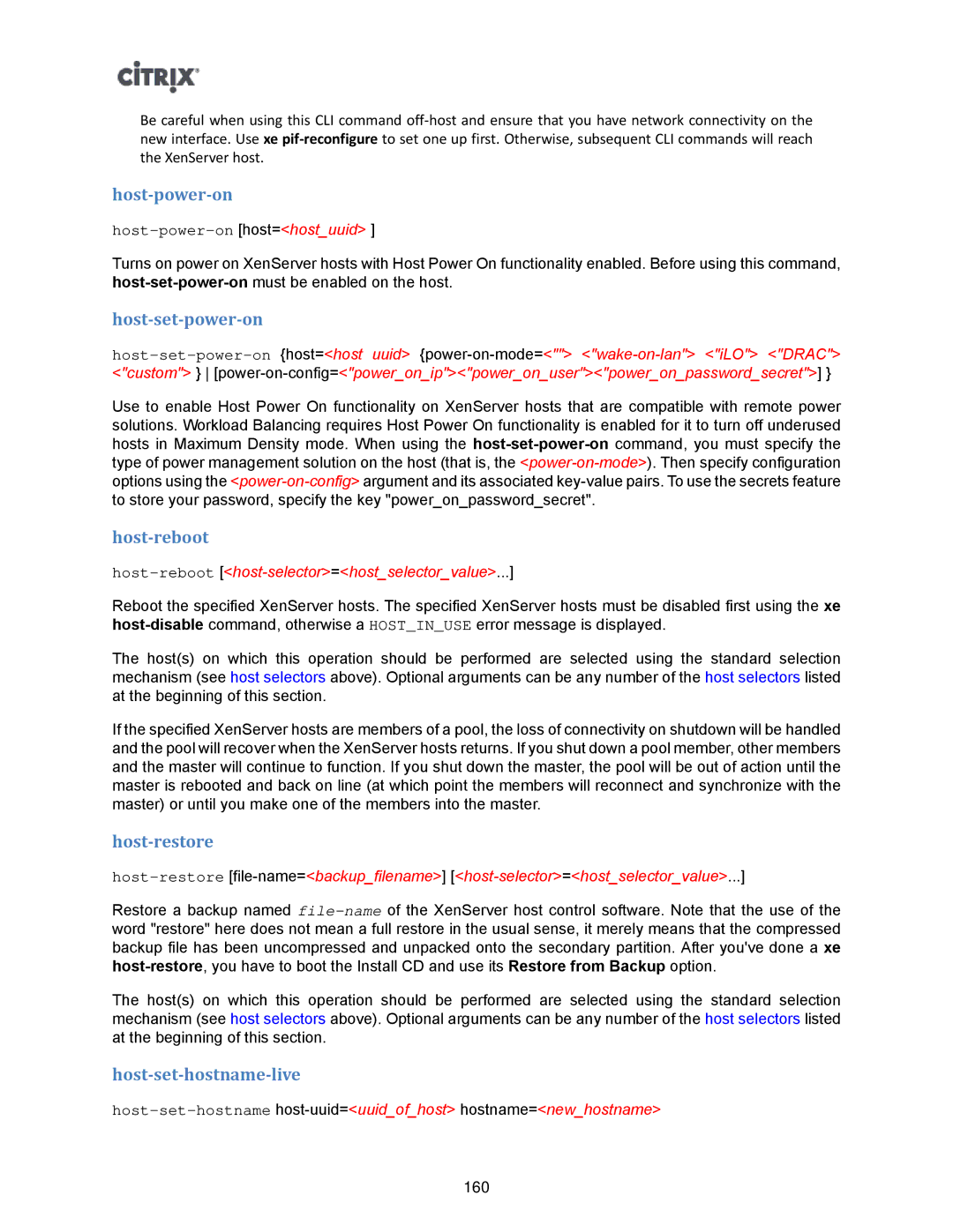 Citrix Systems 5.6 manual Host-power-on, Host-set-power-on, Host-reboot, Host-restore, Host-set-hostname-live 