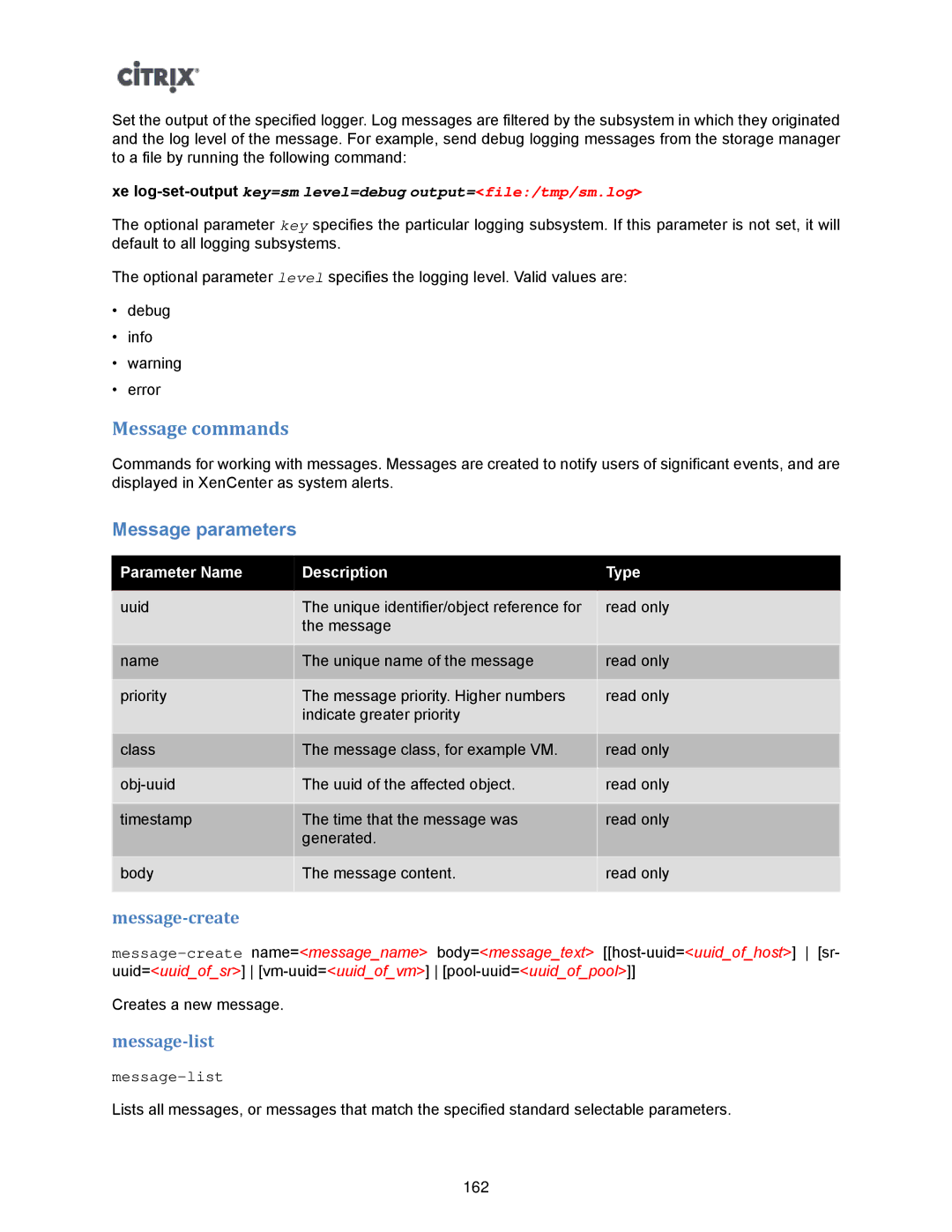 Citrix Systems 5.6 manual Message commands, Message parameters, Message-create, Message-list 