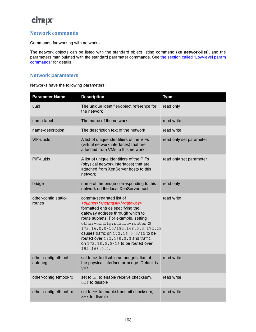 Citrix Systems 5.6 manual Network commands, Network parameters, Subnet/netmask/gateway, 192.168.0.4, Yes 