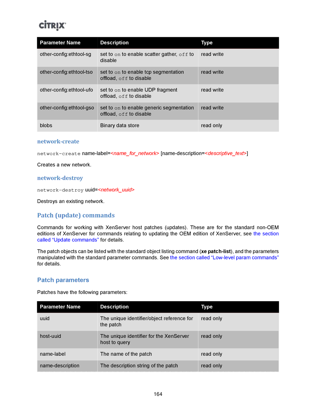 Citrix Systems 5.6 manual Patch update commands, Patch parameters, Network-create, Network-destroy 