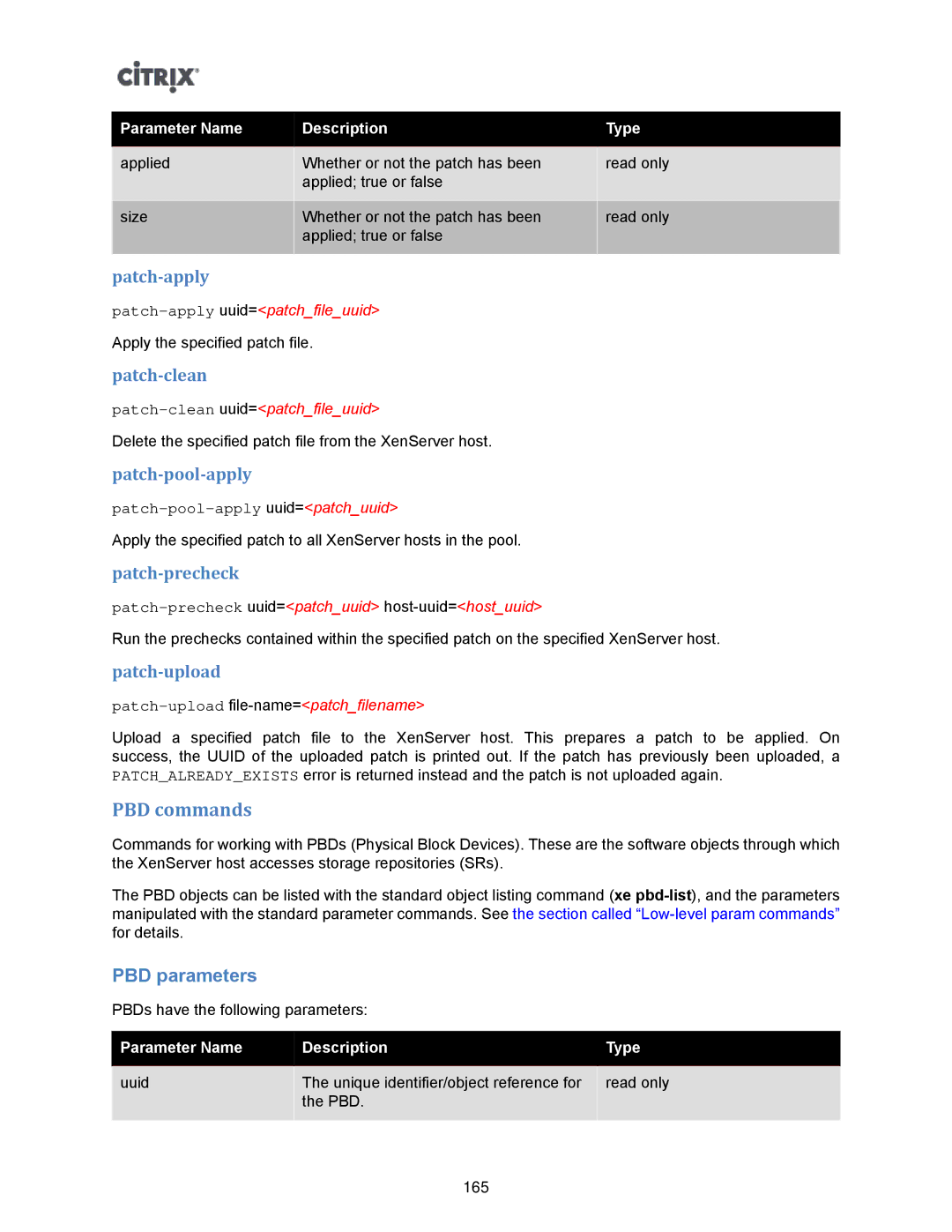 Citrix Systems 5.6 manual PBD commands, PBD parameters 