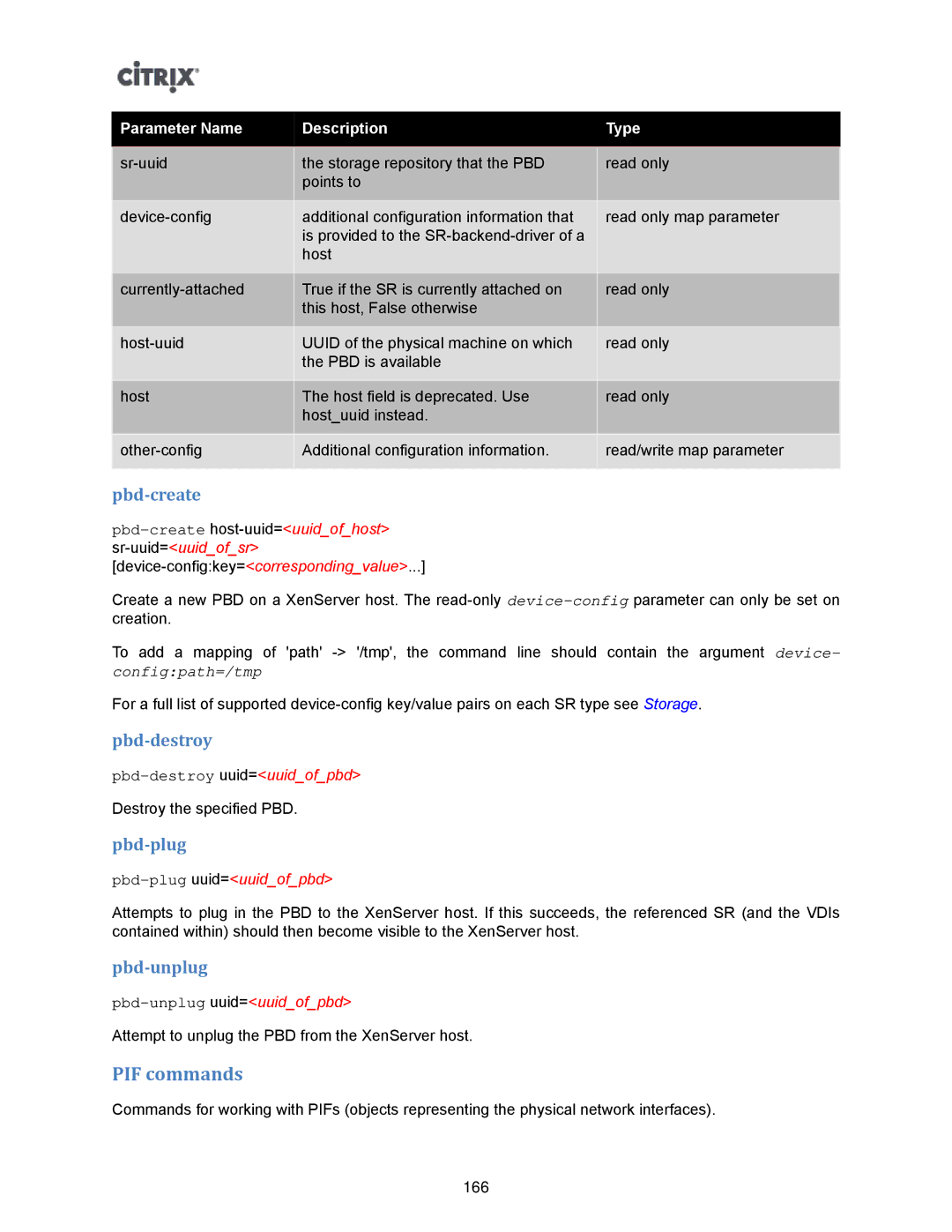 Citrix Systems 5.6 manual PIF commands, Pbd-create, Pbd-destroy, Pbd-plug, Pbd-unplug 