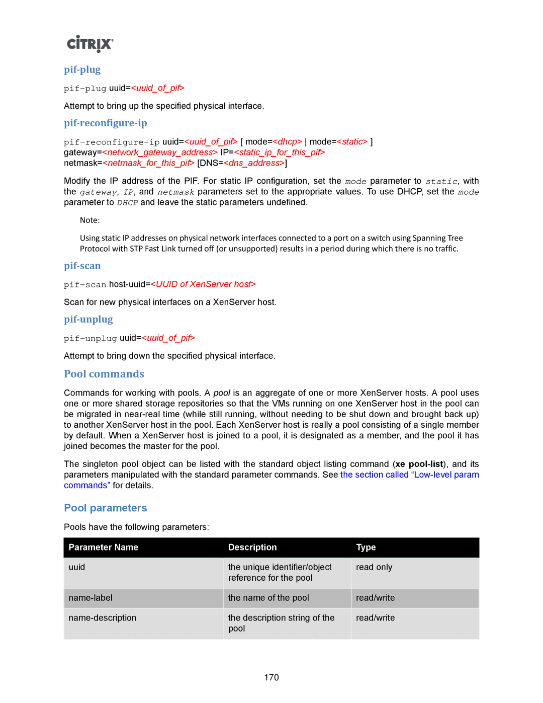 Citrix Systems 5.6 manual Pool commands, Pool parameters 