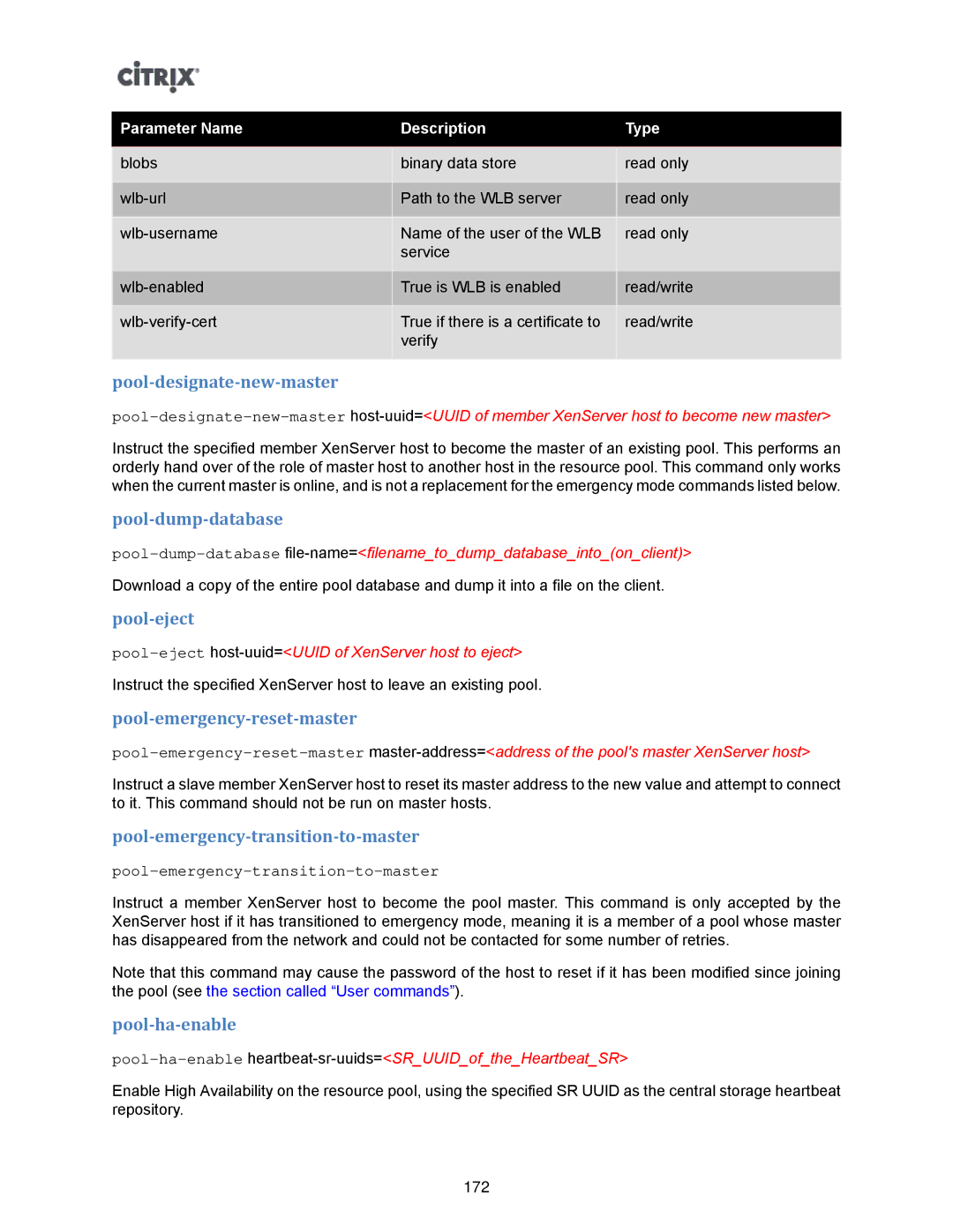 Citrix Systems 5.6 Pool-designate-new-master, Pool-dump-database, Pool-eject, Pool-emergency-reset-master, Pool-ha-enable 