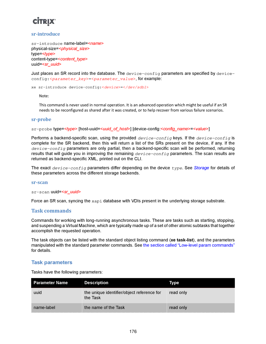 Citrix Systems 5.6 manual Task commands, Task parameters, Sr-introduce, Sr-probe, Sr-scan 