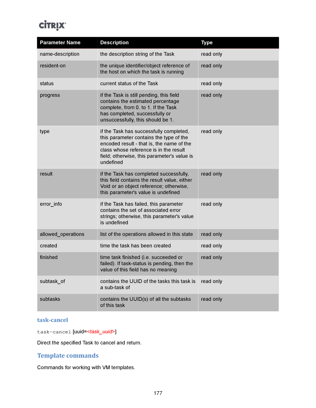 Citrix Systems 5.6 manual Template commands, Task-cancel uuid=taskuuid 