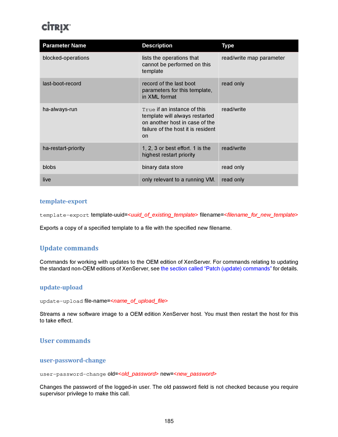 Citrix Systems 5.6 manual Update commands, User commands, Template-export, Update-upload, User-password-change 