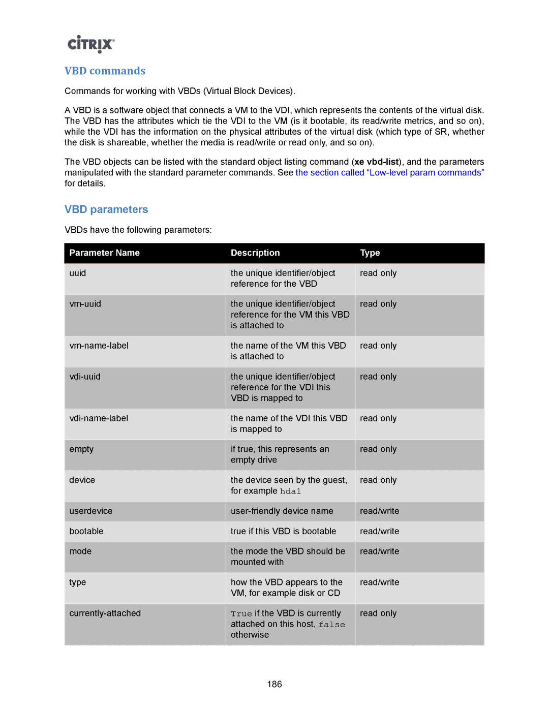 Citrix Systems 5.6 manual VBD commands, VBD parameters 