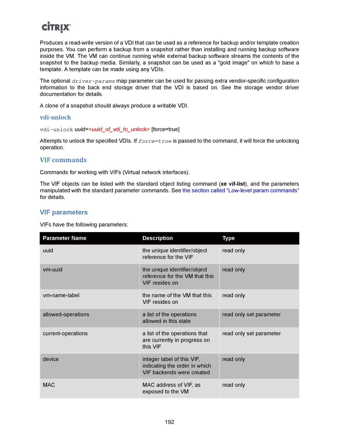 Citrix Systems 5.6 manual VIF commands, VIF parameters, Vdi-unlockuuid=uuidofvditounlock force=true 