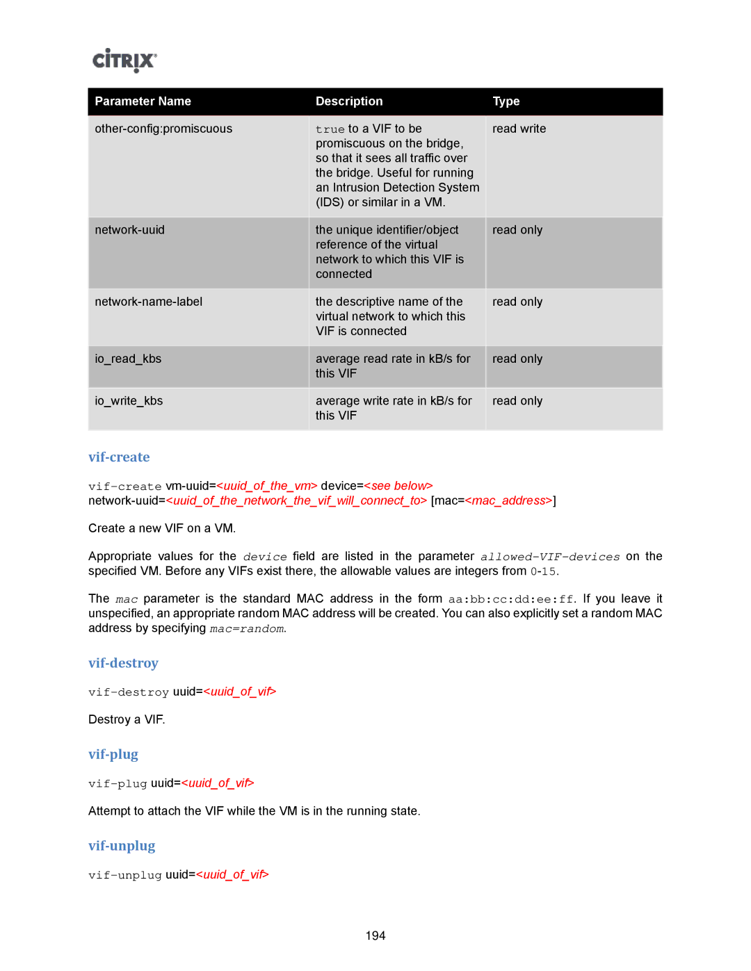 Citrix Systems 5.6 manual Vif-create, Vif-destroy, Vif-plug, Vif-unplug 