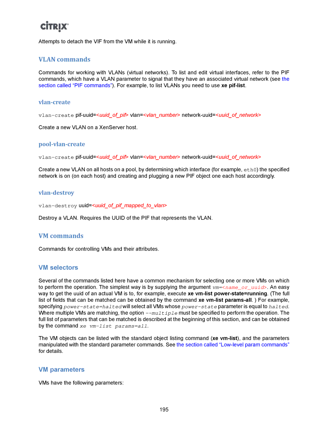 Citrix Systems 5.6 manual Vlan commands, VM commands, VM selectors, VM parameters 