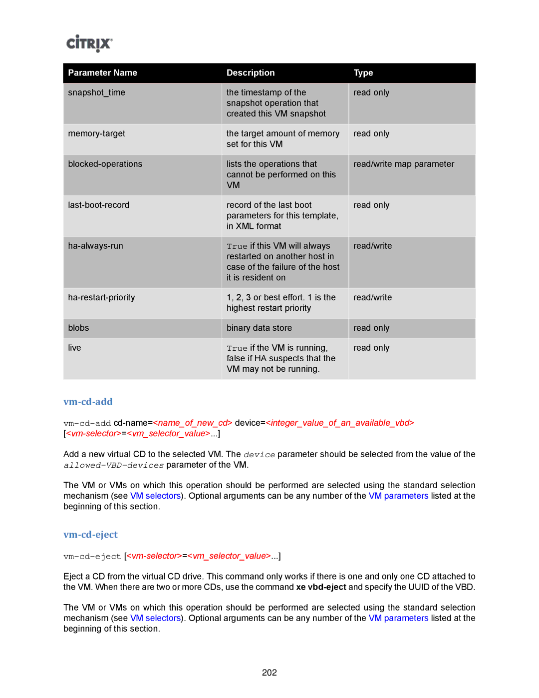 Citrix Systems 5.6 manual Vm-cd-add, Vm-cd-ejectvm-selector=vmselectorvalue 