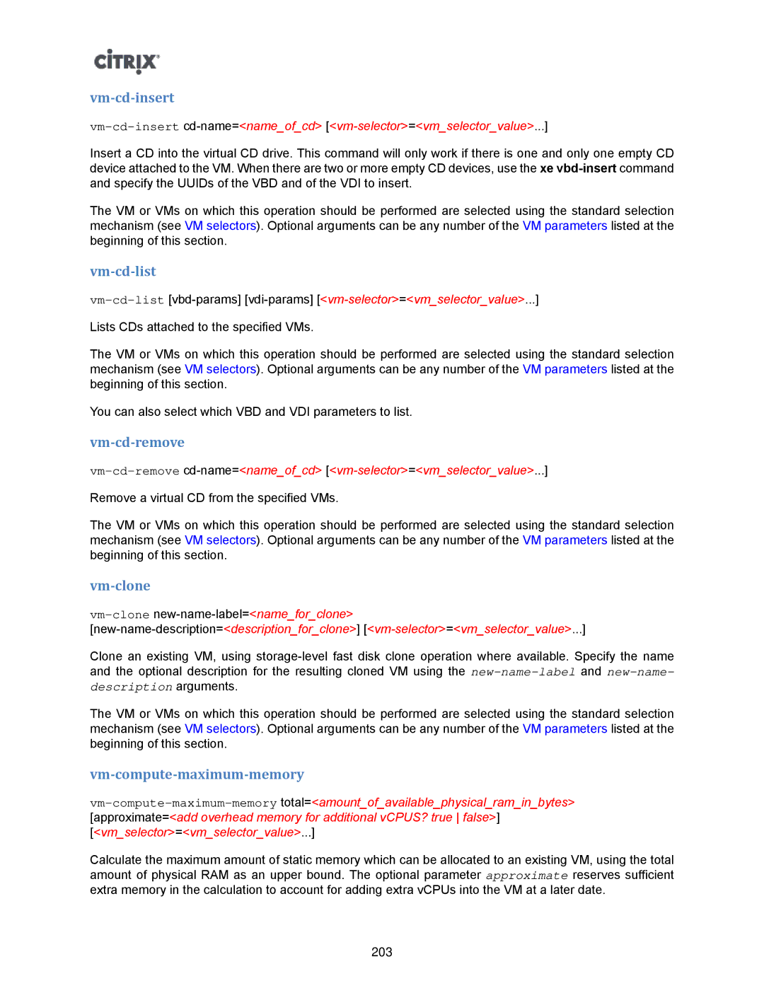 Citrix Systems 5.6 manual Vm-cd-insert, Vm-cd-list, Vm-cd-remove, Vm-clone, Vm-compute-maximum-memory 