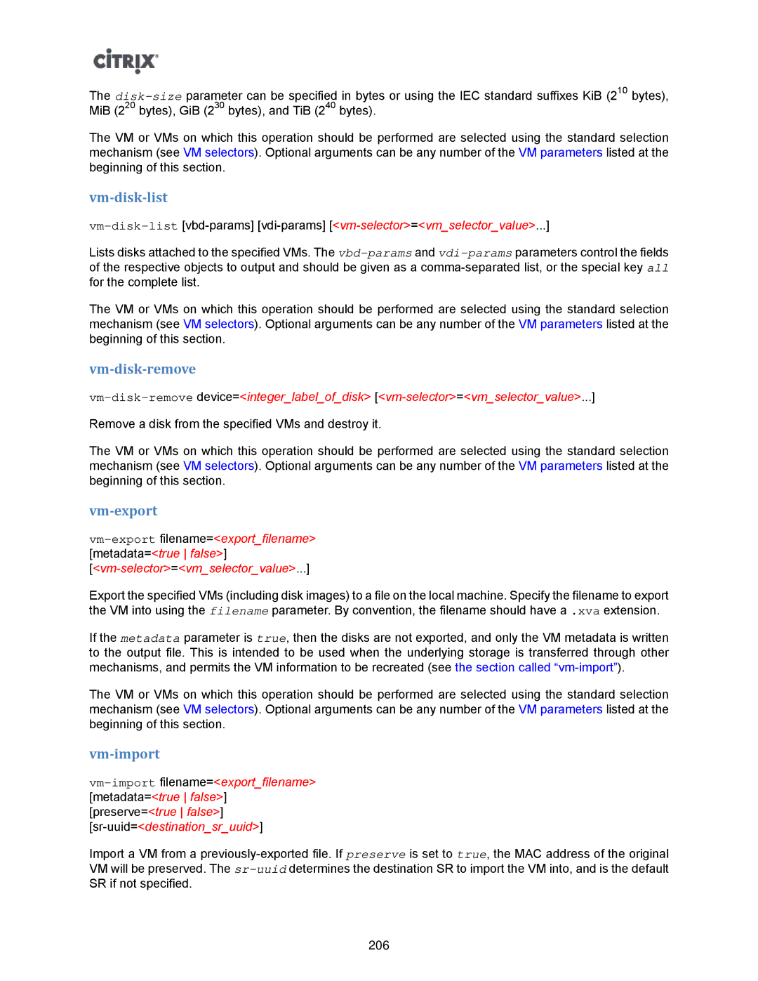 Citrix Systems 5.6 manual Vm-disk-list, Vm-disk-remove, Vm-export, Vm-import 