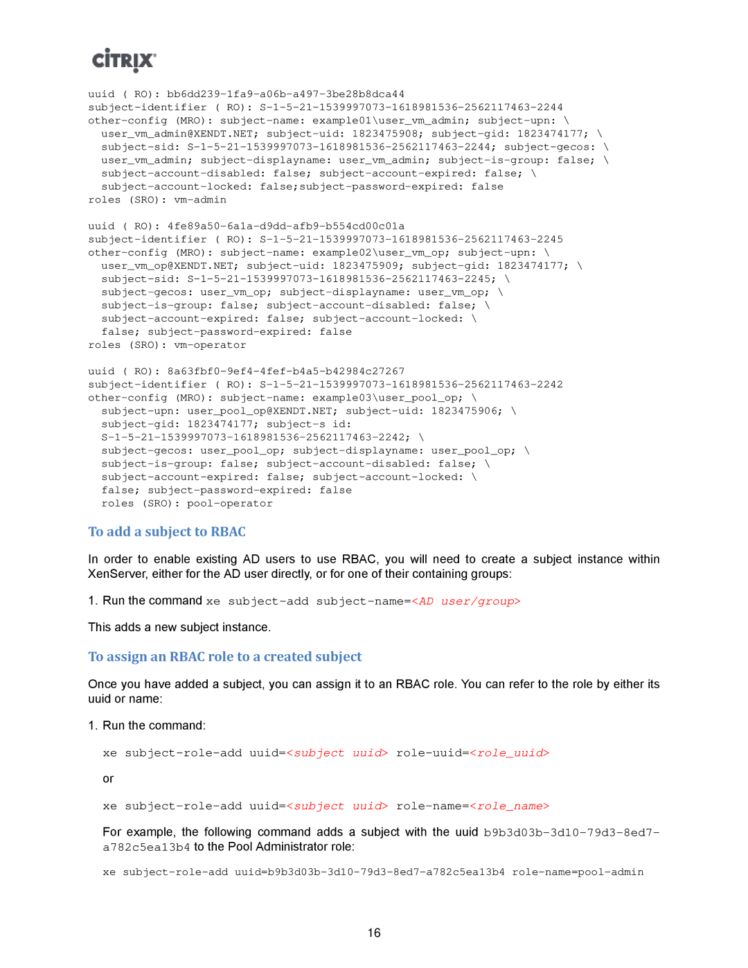 Citrix Systems 5.6 manual To add a subject to Rbac, To assign an Rbac role to a created subject 