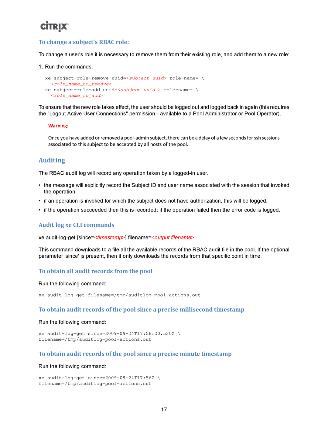 Citrix Systems 5.6 manual Auditing, To change a subjects Rbac role, Audit log xe CLI commands 