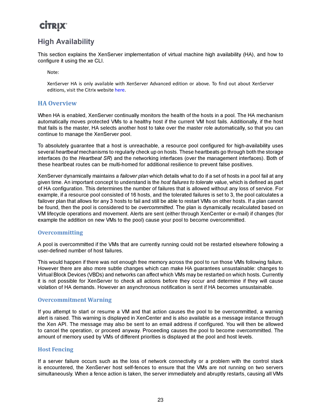 Citrix Systems 5.6 manual High Availability, HA Overview, Overcommitting, Overcommitment Warning, Host Fencing 