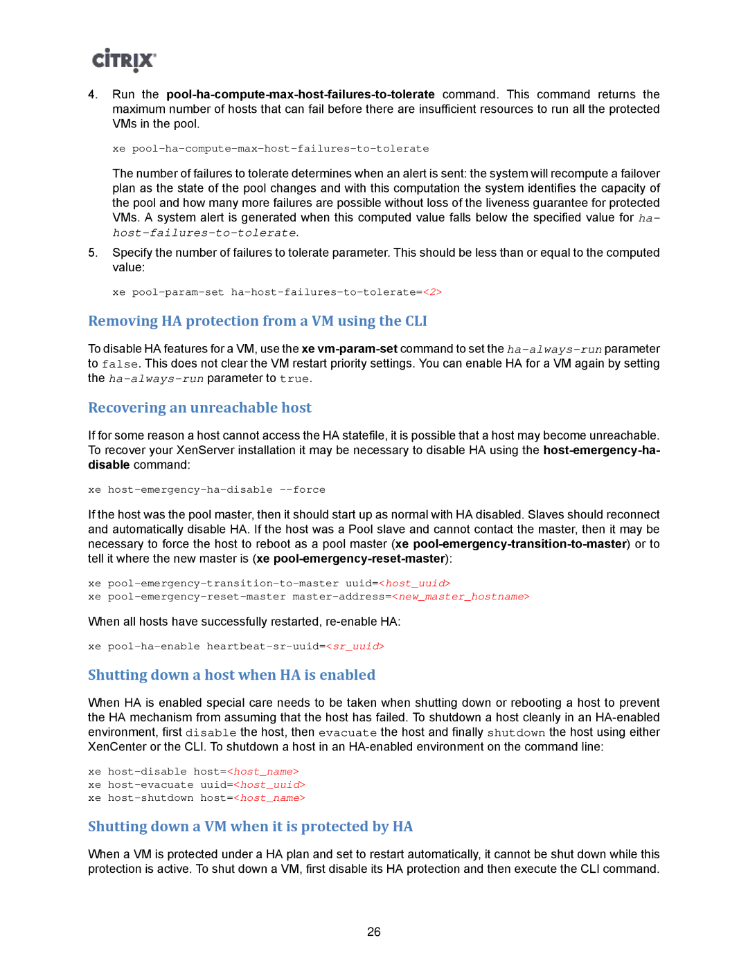 Citrix Systems 5.6 manual Removing HA protection from a VM using the CLI, Recovering an unreachable host 