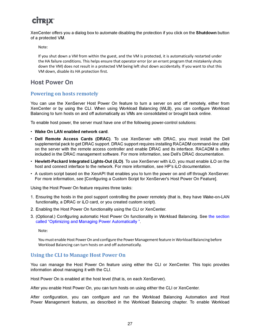 Citrix Systems 5.6 manual Powering on hosts remotely, Using the CLI to Manage Host Power On 