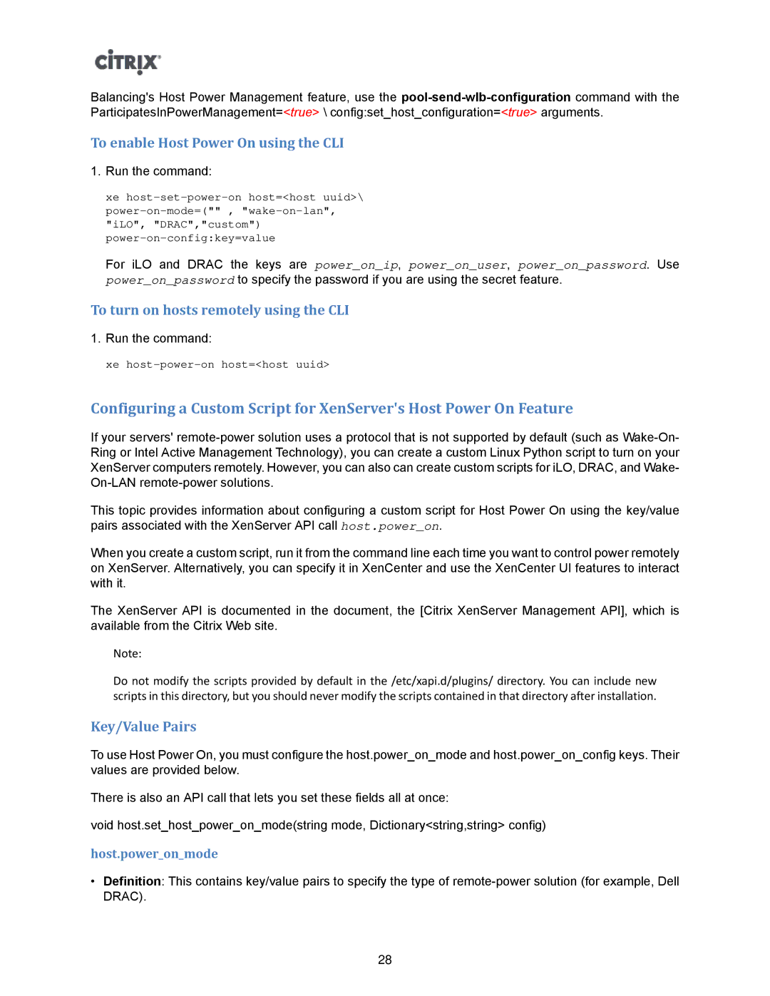 Citrix Systems 5.6 manual To enable Host Power On using the CLI, To turn on hosts remotely using the CLI, Key/Value Pairs 