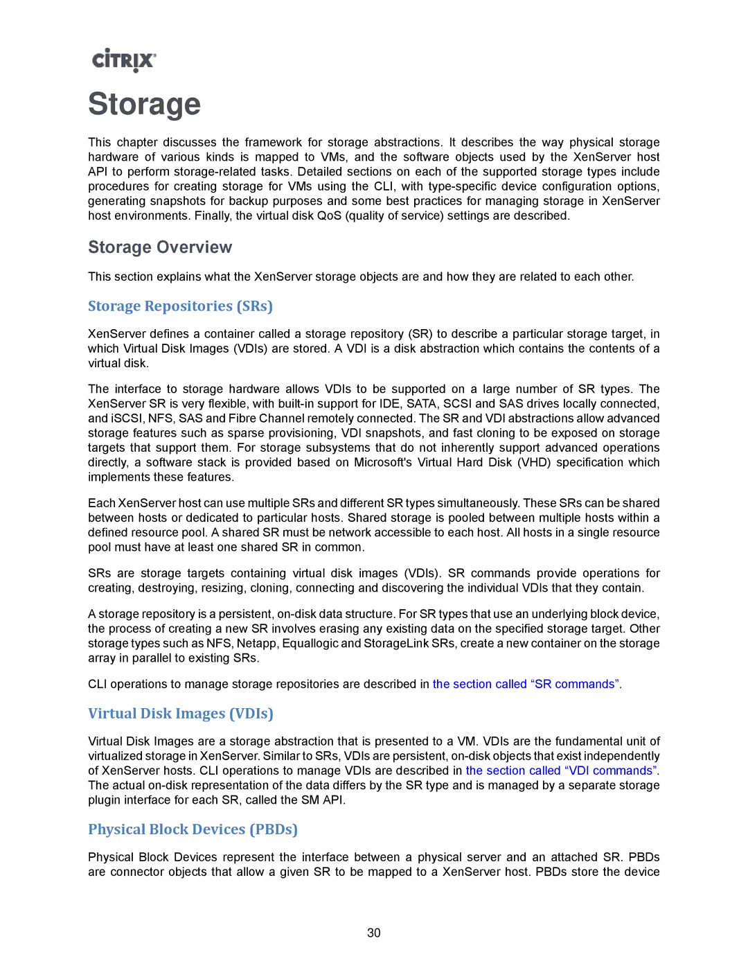 Citrix Systems 5.6 manual Storage Overview, Storage Repositories SRs, Virtual Disk Images VDIs, Physical Block Devices PBDs 