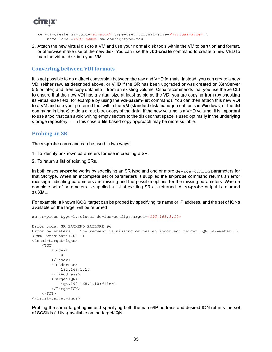 Citrix Systems 5.6 manual Converting between VDI formats, Probing an SR 