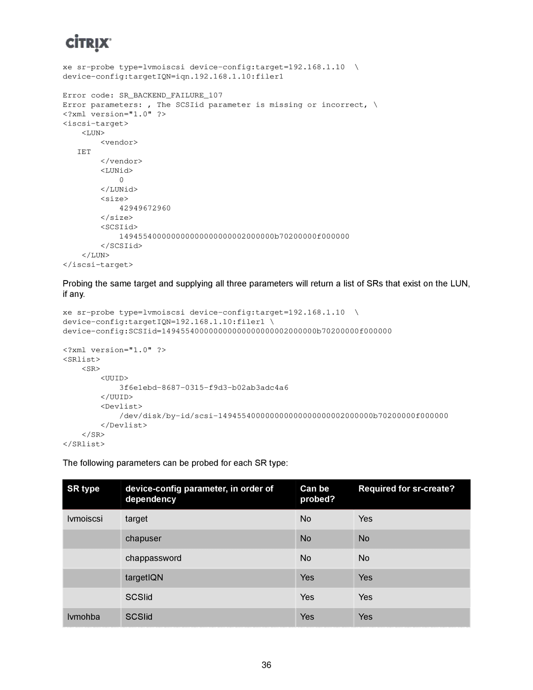 Citrix Systems 5.6 manual Following parameters can be probed for each SR type 