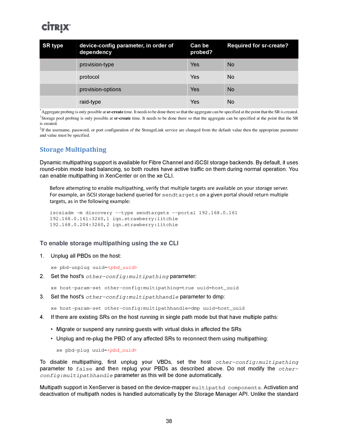 Citrix Systems 5.6 manual Storage Multipathing, To enable storage multipathing using the xe CLI 