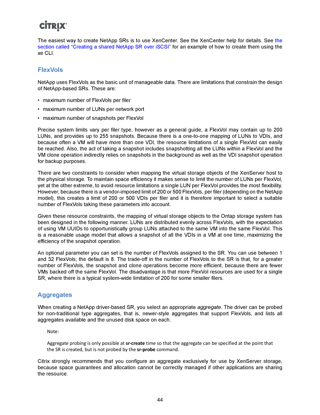 Citrix Systems 5.6 manual FlexVols, Aggregates 