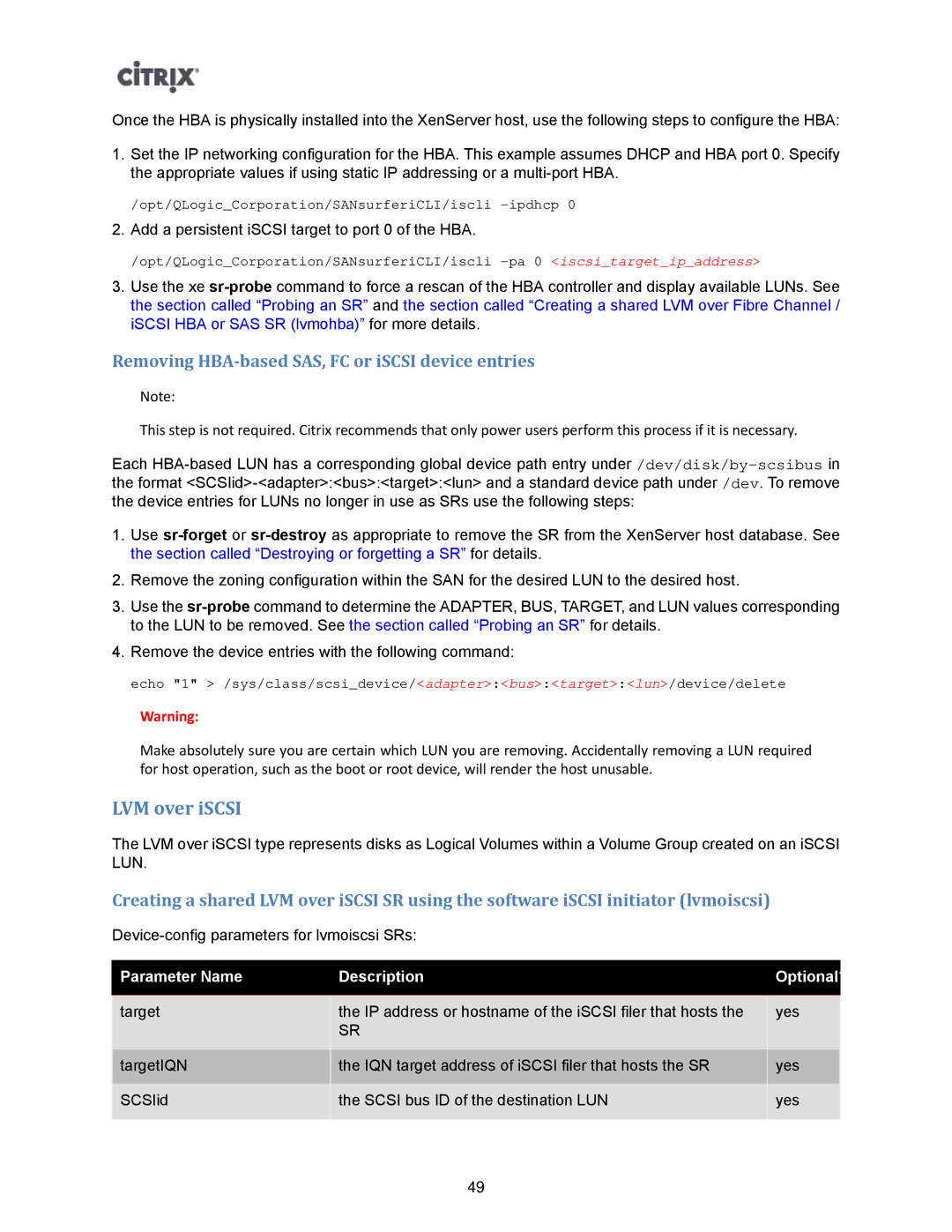 Citrix Systems 5.6 manual LVM over iSCSI, Removing HBA-based SAS, FC or iSCSI device entries 