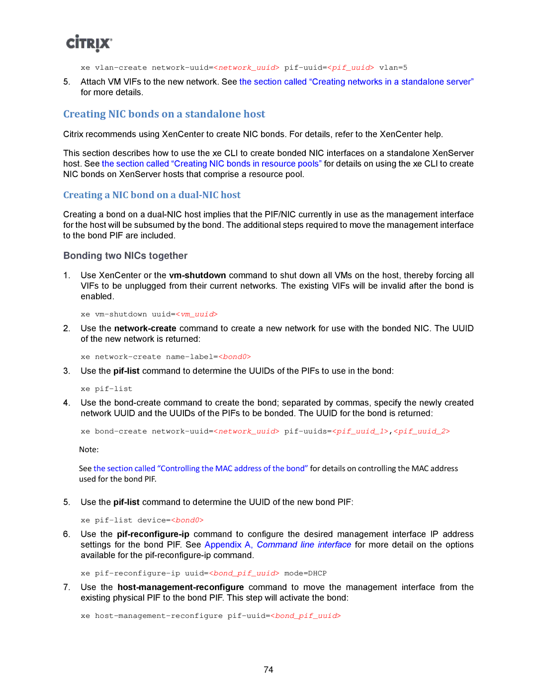 Citrix Systems 5.6 manual Creating NIC bonds on a standalone host, Creating a NIC bond on a dual-NIC host 