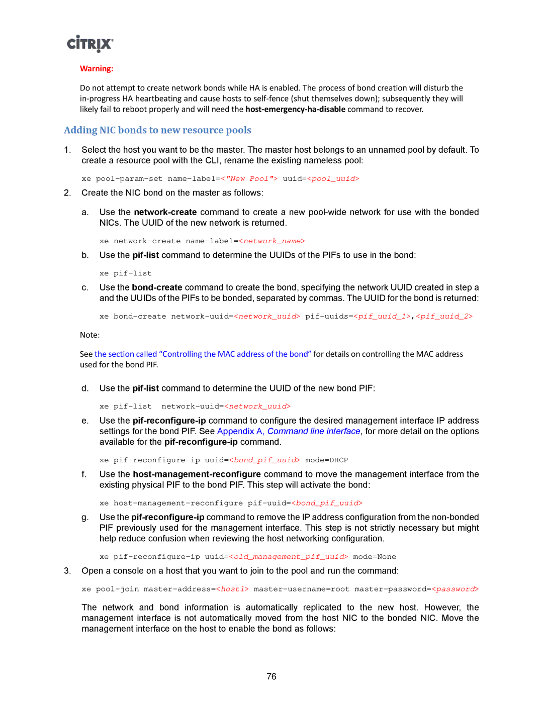 Citrix Systems 5.6 manual Adding NIC bonds to new resource pools 