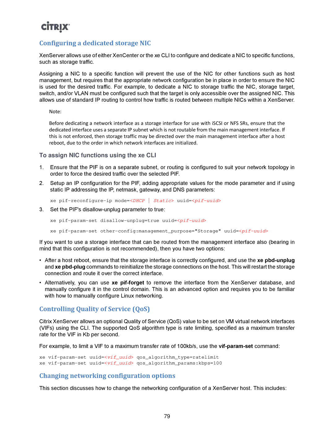 Citrix Systems 5.6 manual Configuring a dedicated storage NIC, Controlling Quality of Service QoS 