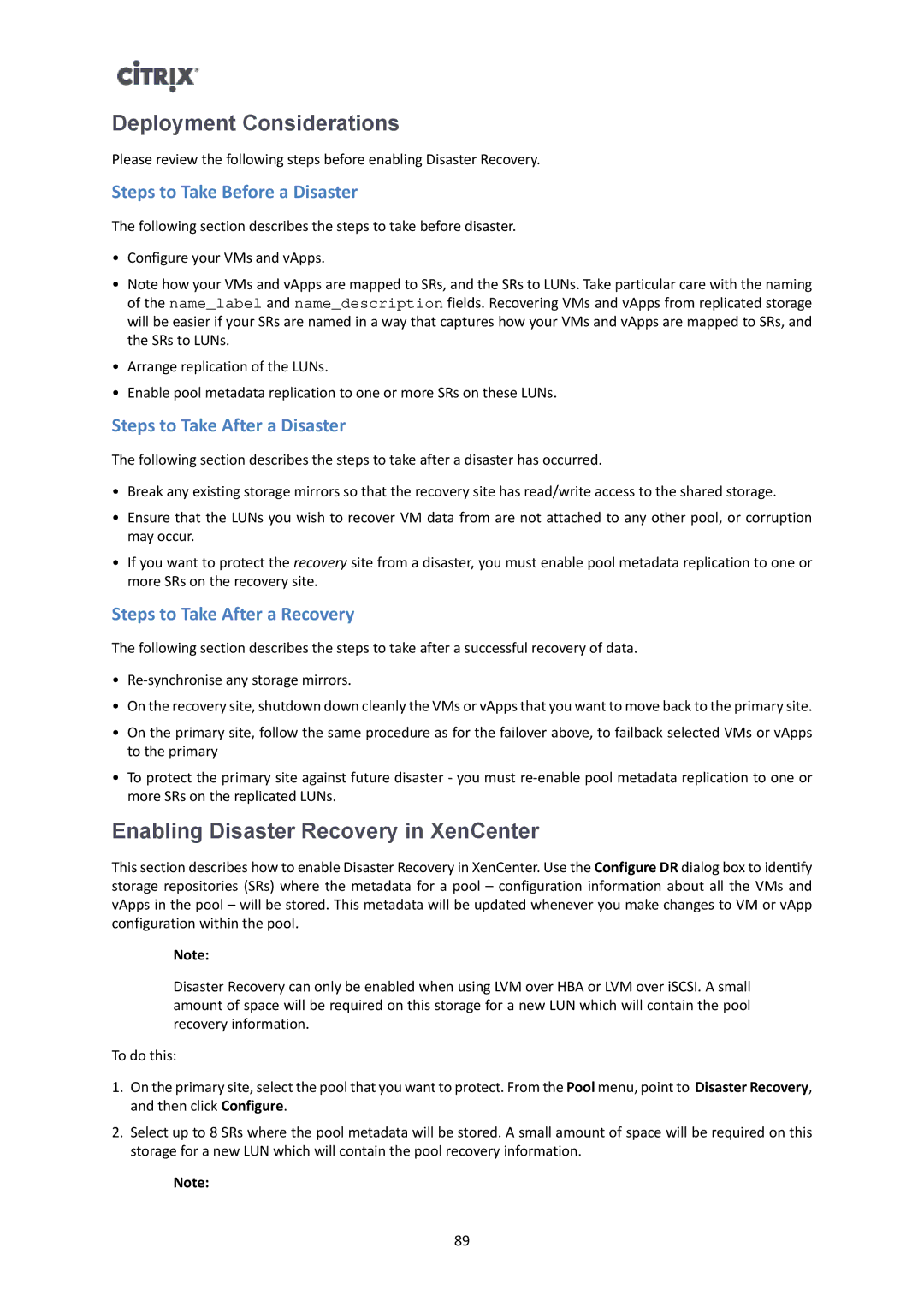 Citrix Systems 6 manual Deployment Considerations, Enabling Disaster Recovery in XenCenter, Steps to Take Before a Disaster 