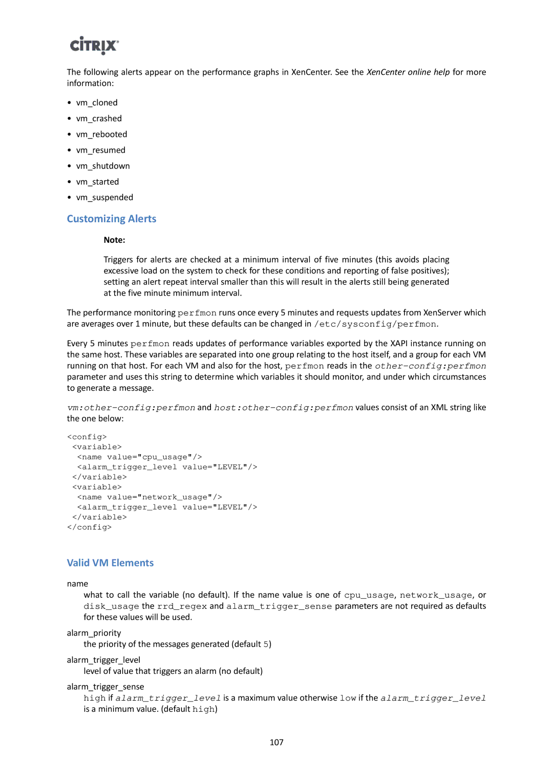 Citrix Systems 6 manual Customizing Alerts, Valid VM Elements 