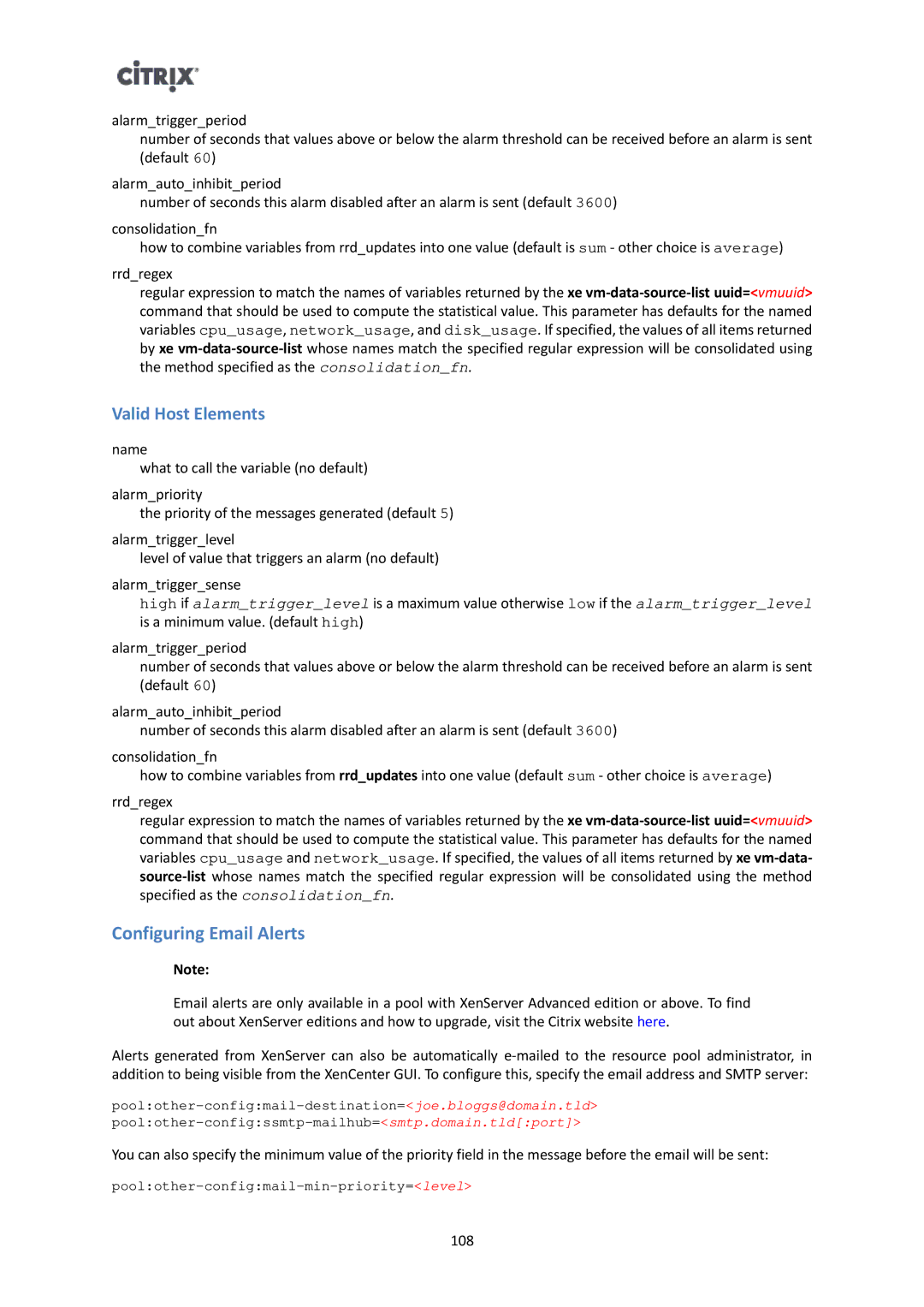 Citrix Systems 6 manual Configuring Email Alerts, Valid Host Elements 