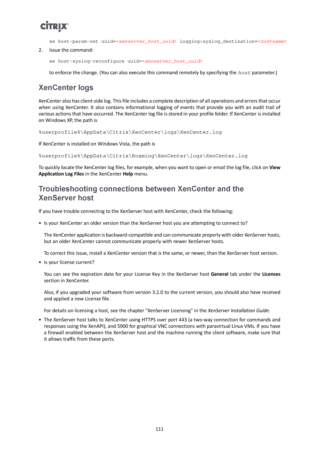 Citrix Systems 6 manual XenCenter logs, Userprofile%\AppData\Citrix\XenCenter\logs\XenCenter.log 