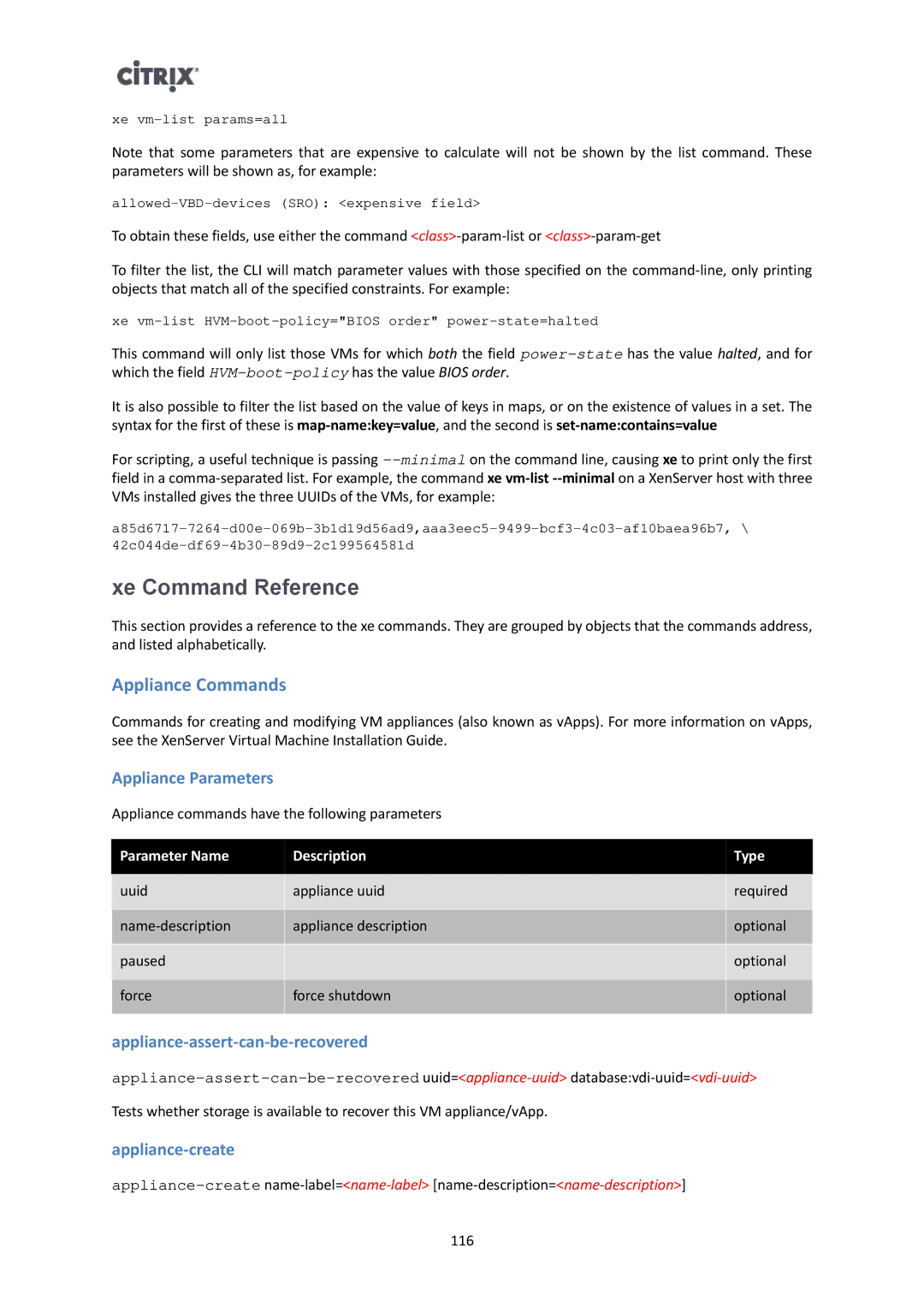 Citrix Systems 6 manual Xe Command Reference, Appliance Commands, Appliance Parameters, Appliance-assert-can-be-recovered 