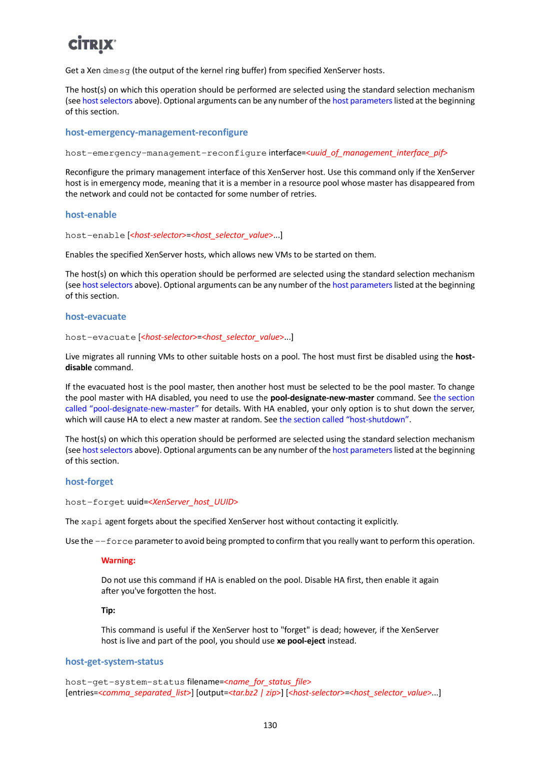 Citrix Systems 6 Host-emergency-management-reconfigure, Host-enable, Host-evacuate, Host-forget, Host-get-system-status 