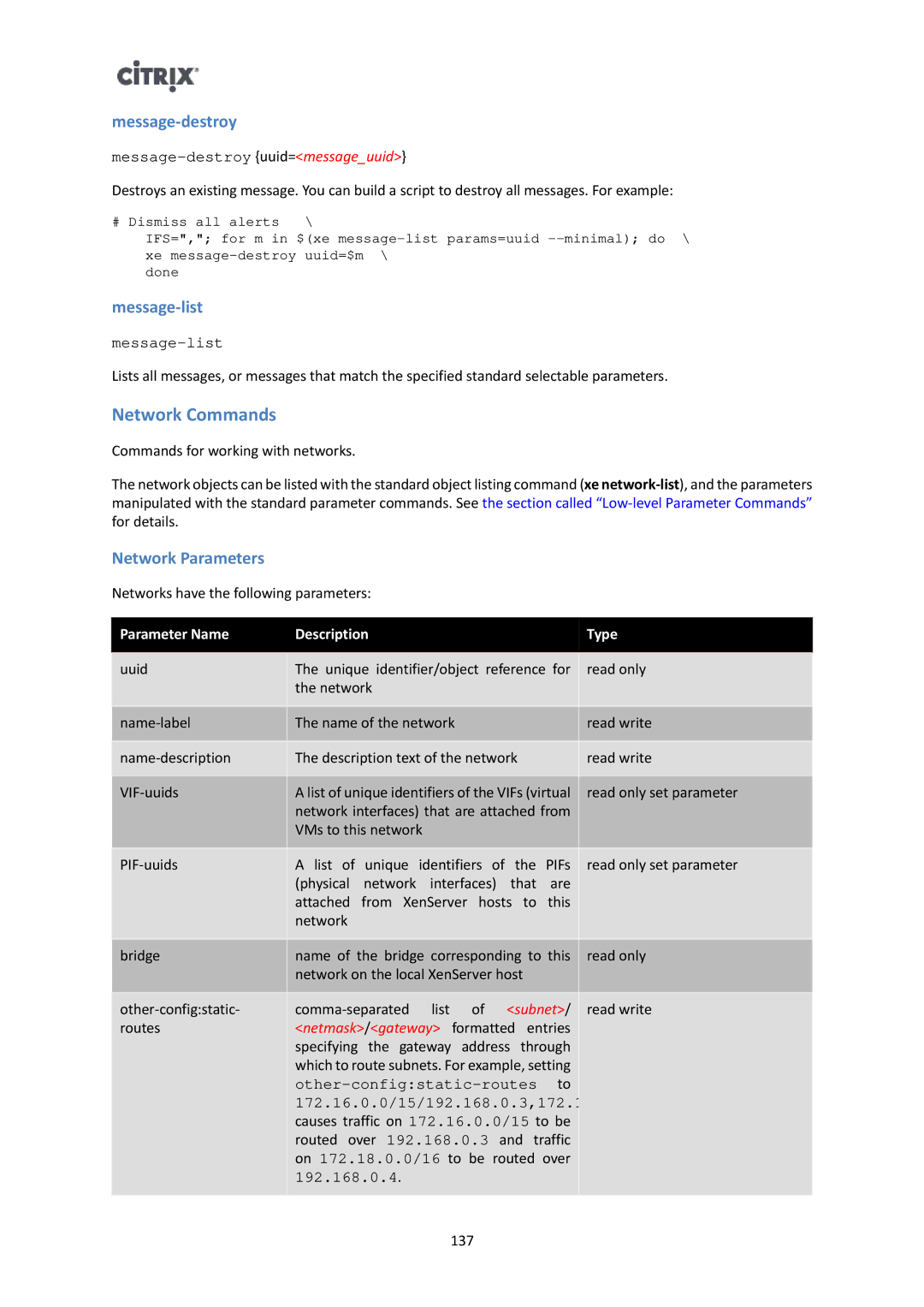 Citrix Systems 6 manual Network Commands, Message-destroy, Message-list, Network Parameters 