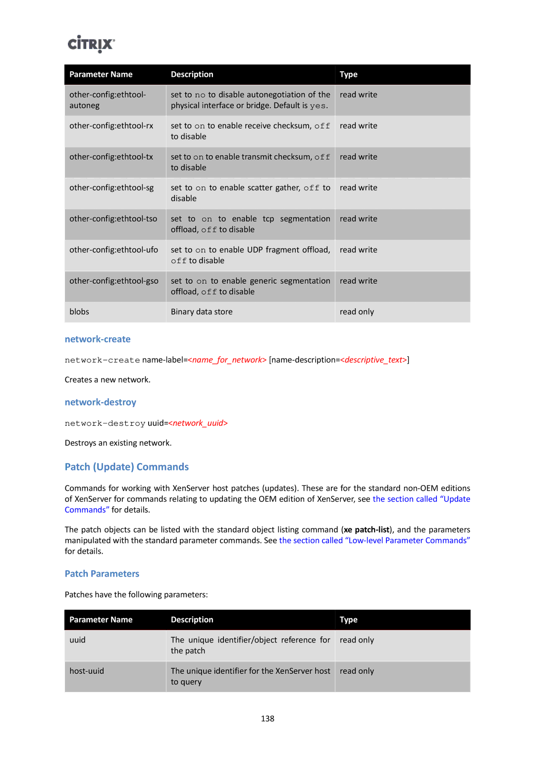 Citrix Systems 6 manual Patch Update Commands, Network-create, Network-destroy, Patch Parameters 