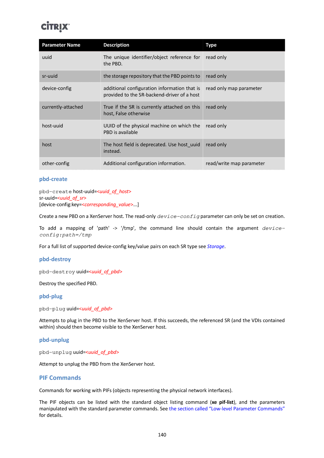 Citrix Systems 6 manual PIF Commands, Pbd-create, Pbd-destroy, Pbd-plug, Pbd-unplug 