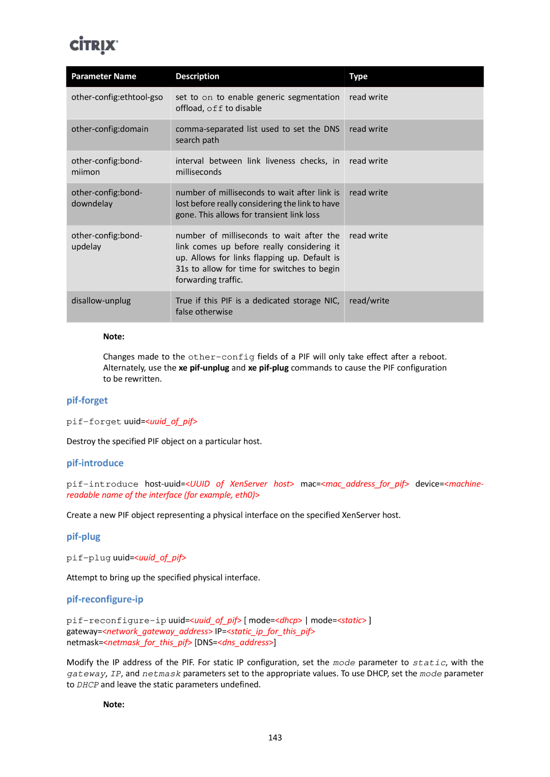 Citrix Systems 6 manual Pif-introduce, Pif-plug, Pif-reconfigure-ip, Pif-forget uuid=uuidofpif 