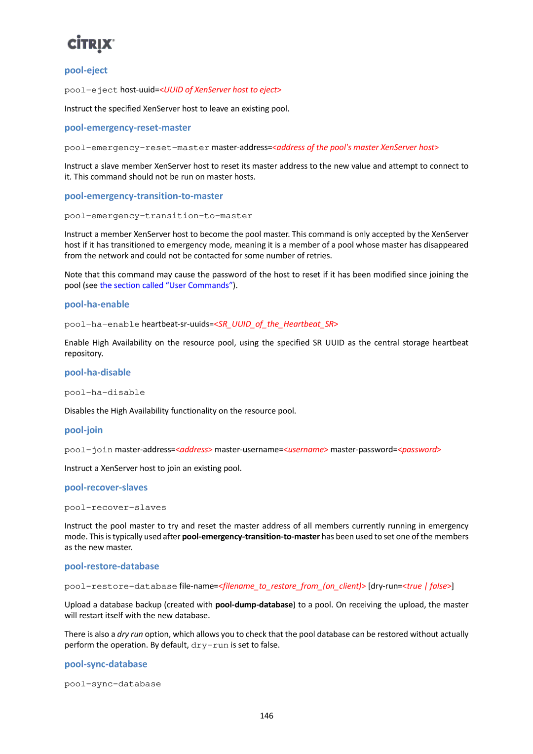 Citrix Systems 6 Pool-eject, Pool-emergency-reset-master, Pool-emergency-transition-to-master, Pool-ha-enable, Pool-join 