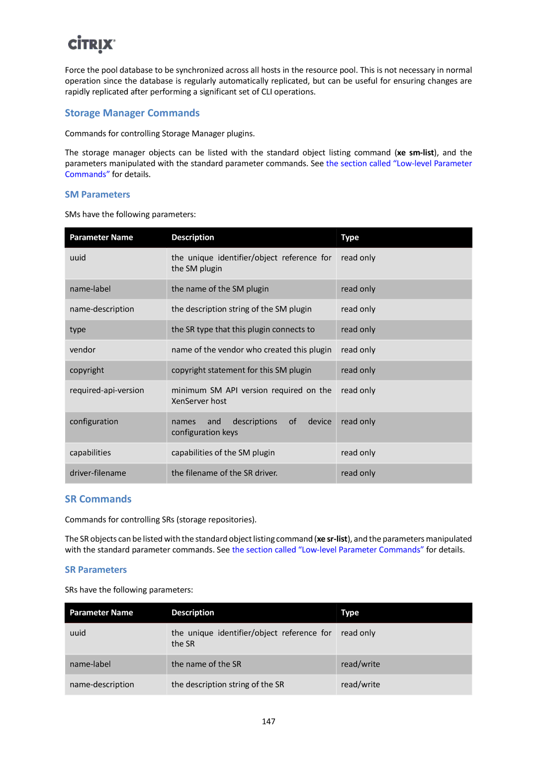 Citrix Systems 6 manual Storage Manager Commands, SR Commands, SM Parameters, SR Parameters 