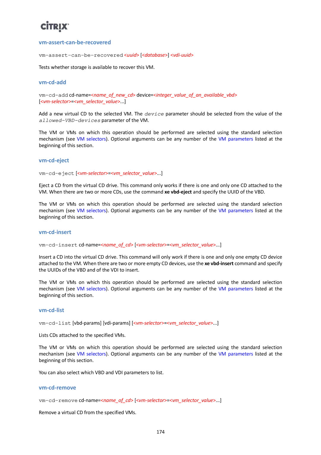 Citrix Systems 6 manual Vm-cd-add, Vm-cd-eject, Vm-cd-insert, Vm-cd-list, Vm-cd-remove 