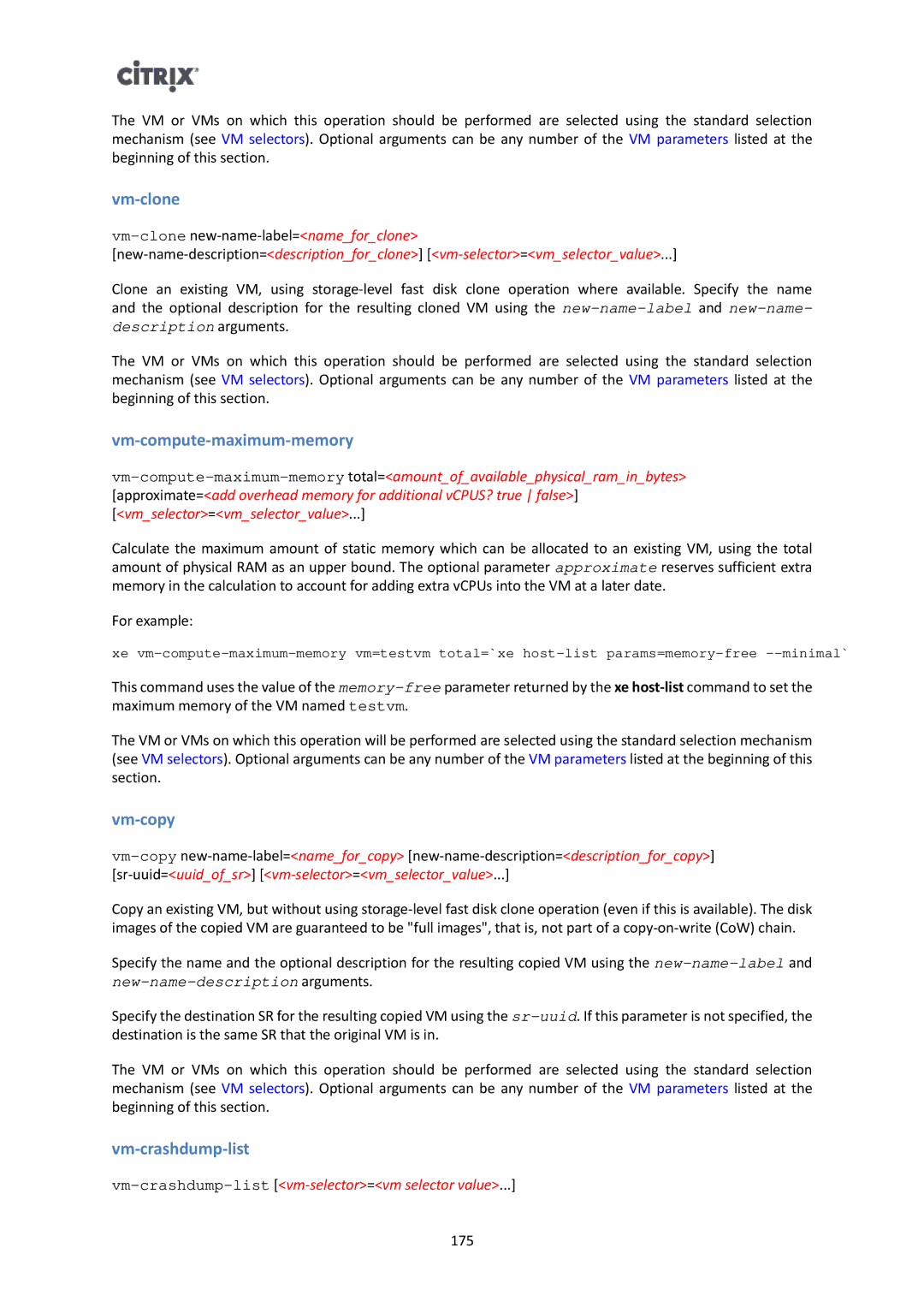 Citrix Systems 6 manual Vm-clone, Vm-compute-maximum-memory, Vm-copy, Vm-crashdump-list 